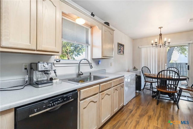 2039 Cornerstone Dr, New Braunfels, TX 78130 - kitchen with black dishwasher, plenty of natural light, dark wood finished floors, and a chandelier