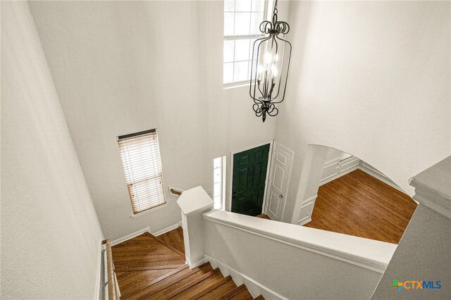 958 River Ter, New Braunfels, TX 78130 - stairway featuring plenty of natural light, a towering ceiling, wood finished floors, and a chandelier