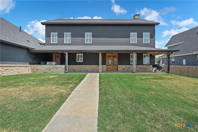 8300 Spicewood Springs Rd, China Spring, TX 76633 - view of front facade with french doors, a chimney, brick siding, and a patio
