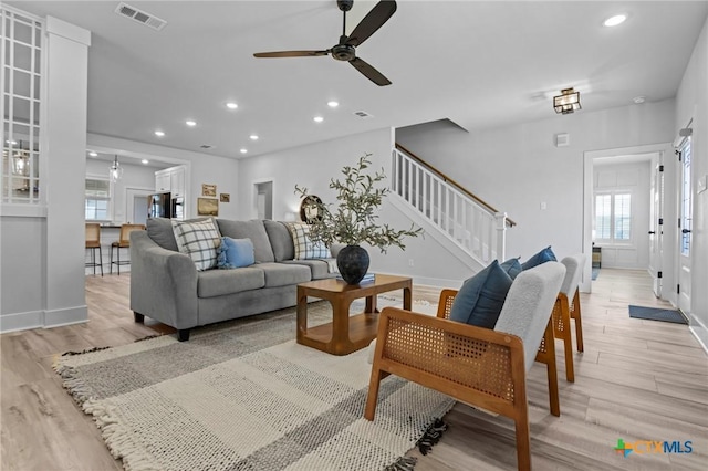 4430 Cedar Creek Rd, Temple, TX 76504 - living area featuring stairway, recessed lighting, light wood-style floors, healthy amount of natural light, and ceiling fan