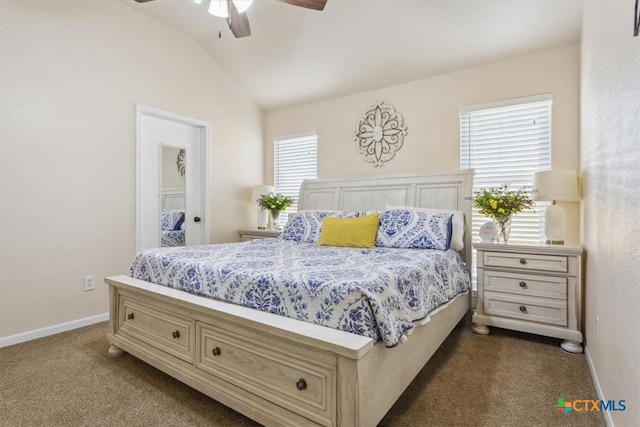 7204 Bluegrass Ct, Temple, TX 76502 - bedroom featuring dark colored carpet, baseboards, vaulted ceiling, and ceiling fan