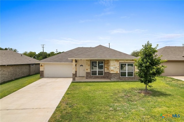 2550 Belle Hubbard Trl, Belton, TX 76513 - ranch-style home with an attached garage, driveway, a front yard, a shingled roof, and brick siding