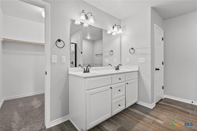 2550 Belle Hubbard Trl, Belton, TX 76513 - full bath featuring double vanity, wood finished floors, a walk in closet, and an enclosed shower