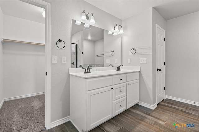 2550 Belle Hubbard Trl, Belton, TX 76513 - bathroom with double vanity, wood finished floors, a walk in closet, and a shower with shower door