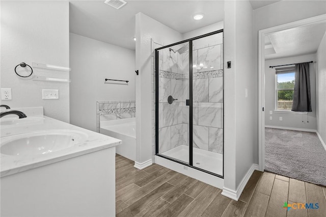 2550 Belle Hubbard Trl, Belton, TX 76513 - bathroom with a garden tub, wood finished floors, a stall shower, and double vanity