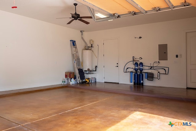 garage with electric panel, ceiling fan, and gas water heater