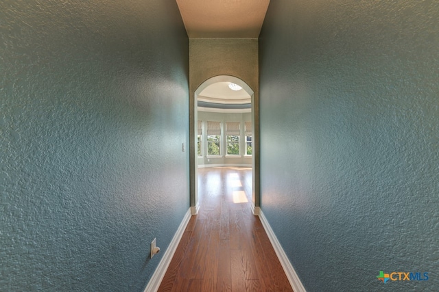 hall featuring wood-type flooring and a raised ceiling