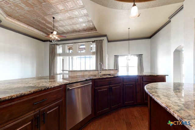 kitchen with dishwasher, dark wood-type flooring, hanging light fixtures, and sink