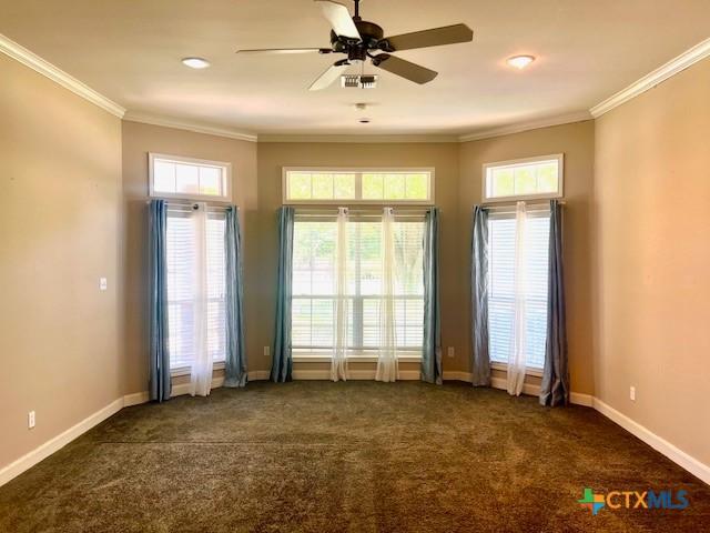 unfurnished room with crown molding, dark colored carpet, a ceiling fan, and baseboards