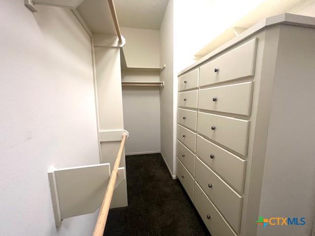 walk in closet featuring dark carpet