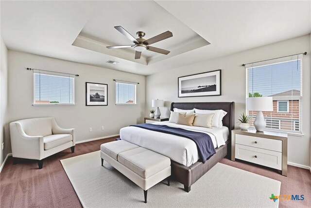 2204 Mikulec Dr, Killeen, TX 76542 - bedroom with a raised ceiling, baseboards, ceiling fan, and carpet flooring