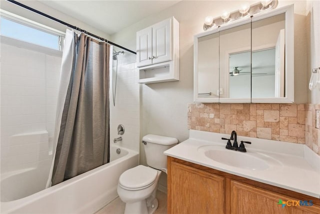 2204 Mikulec Dr, Killeen, TX 76542 - full bathroom featuring vanity, shower / bath combo with shower curtain, tasteful backsplash, toilet, and a ceiling fan