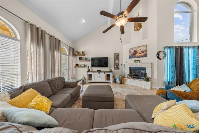 1901 Deer Field Way, Harker Heights, TX 76548 - living area featuring ceiling fan, high vaulted ceiling, a fireplace, and recessed lighting