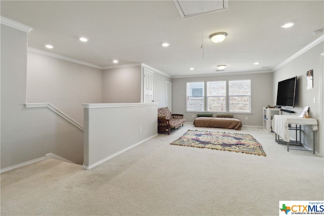 living room featuring light colored carpet and crown molding