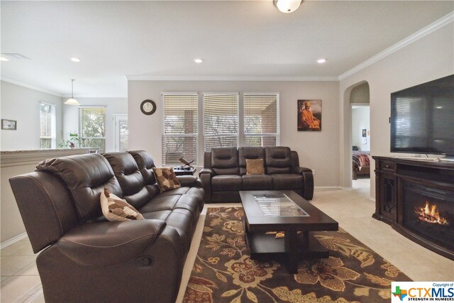 living room with light colored carpet and ornamental molding