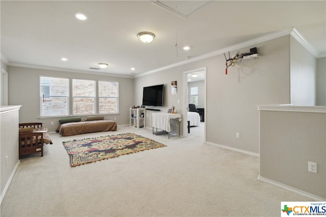 living room with ornamental molding and light colored carpet