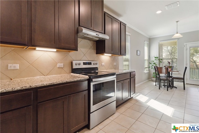 kitchen with electric stove, decorative backsplash, hanging light fixtures, light tile patterned floors, and crown molding