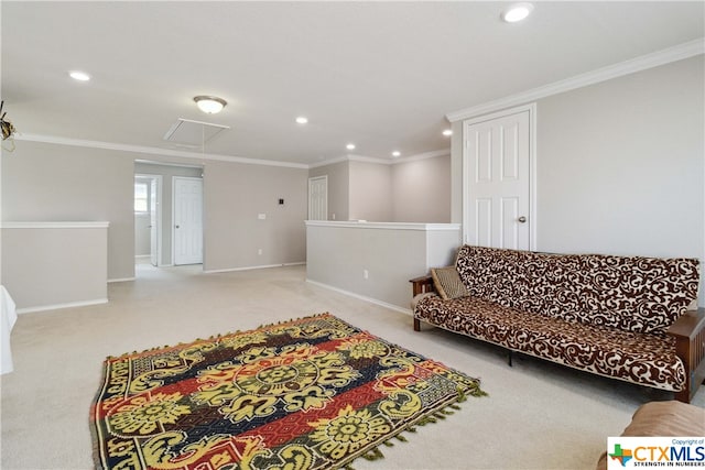 living room featuring light colored carpet and crown molding