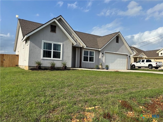 ranch-style house featuring fence, concrete driveway, roof with shingles, a front yard, and a garage