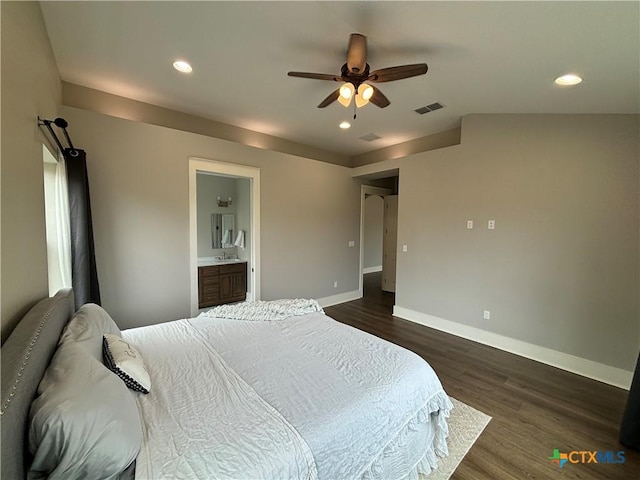 bedroom with dark wood-style floors, recessed lighting, and visible vents