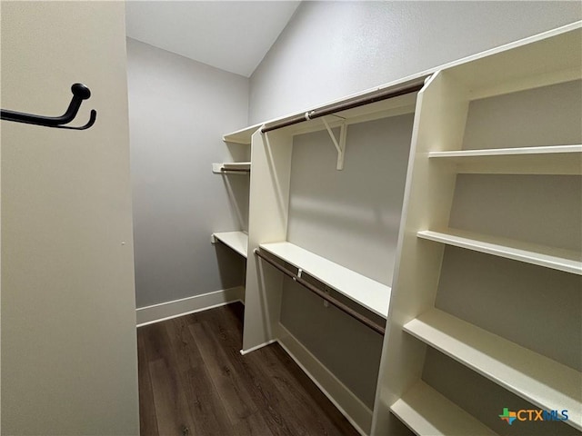 spacious closet featuring vaulted ceiling and dark wood-style flooring