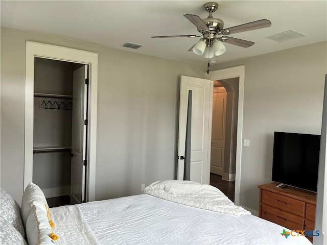 bedroom with visible vents, a spacious closet, a ceiling fan, and a closet