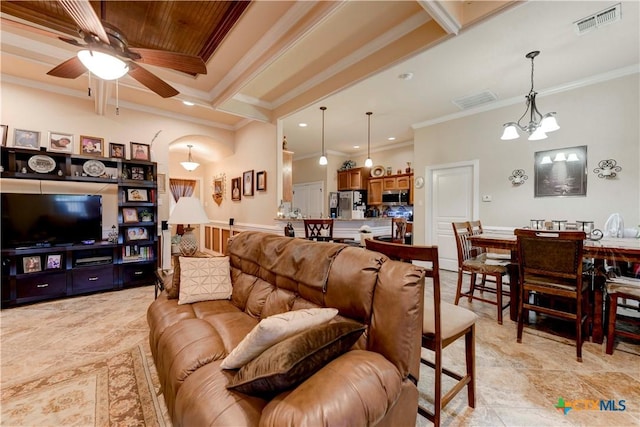 living room featuring visible vents, crown molding, light tile patterned flooring, recessed lighting, and ceiling fan with notable chandelier