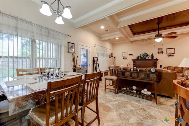 dining area featuring visible vents, beamed ceiling, ceiling fan with notable chandelier, ornamental molding, and coffered ceiling