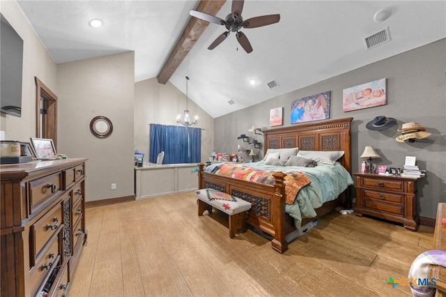 bedroom featuring light wood-style flooring, vaulted ceiling with beams, baseboards, and visible vents