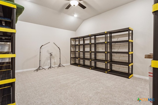 interior space with carpet and ceiling fan