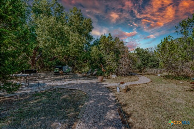 yard at dusk featuring a patio