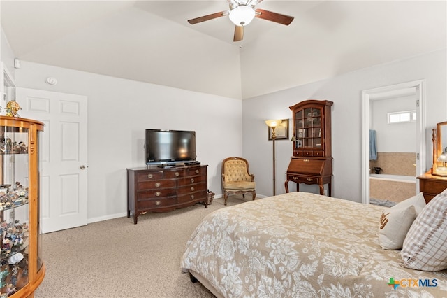 1809 Indian Camp Trl, Copperas Cove, TX 76522 - carpeted bedroom featuring ceiling fan, high vaulted ceiling, and ensuite bathroom