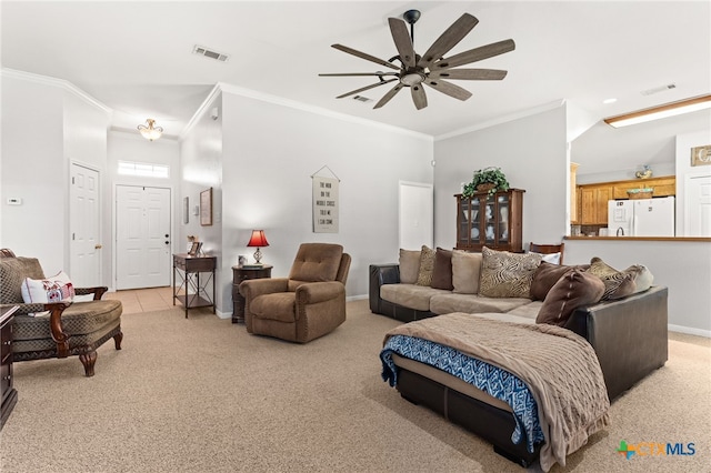 1809 Indian Camp Trl, Copperas Cove, TX 76522 - living area featuring carpet floors, crown molding, and ceiling fan