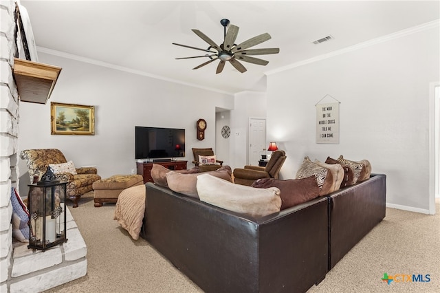 1809 Indian Camp Trl, Copperas Cove, TX 76522 - living area featuring light colored carpet, ceiling fan, and ornamental molding