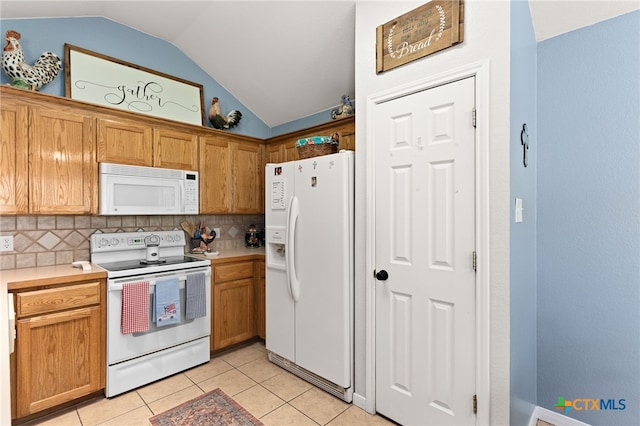 1809 Indian Camp Trl, Copperas Cove, TX 76522 - kitchen with white appliances, vaulted ceiling, backsplash, light tile patterned flooring, and light countertops