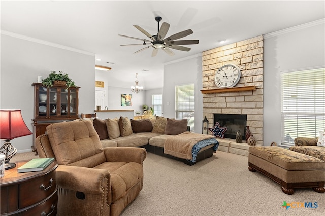1809 Indian Camp Trl, Copperas Cove, TX 76522 - living room with carpet floors, ceiling fan, ornamental molding, a chandelier, and a stone fireplace