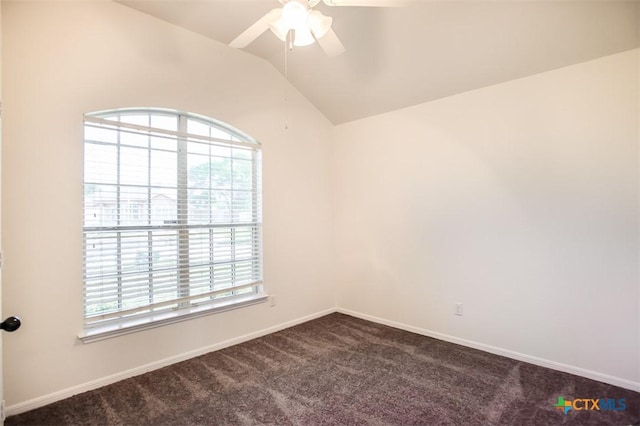4902 Slate Ct, Killeen, TX 76542 - empty room featuring ceiling fan, dark colored carpet, vaulted ceiling, and baseboards