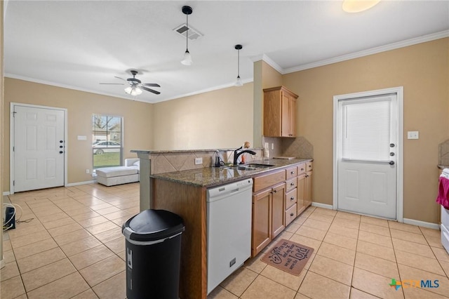 kitchen featuring a peninsula, light tile patterned flooring, crown molding, and white dishwasher