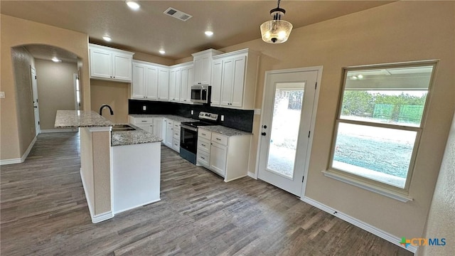 kitchen with stainless steel microwave, electric range, a sink, visible vents, and wood finished floors