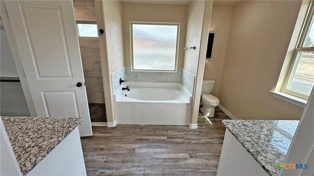 bathroom with toilet, vanity, a garden tub, wood finished floors, and baseboards