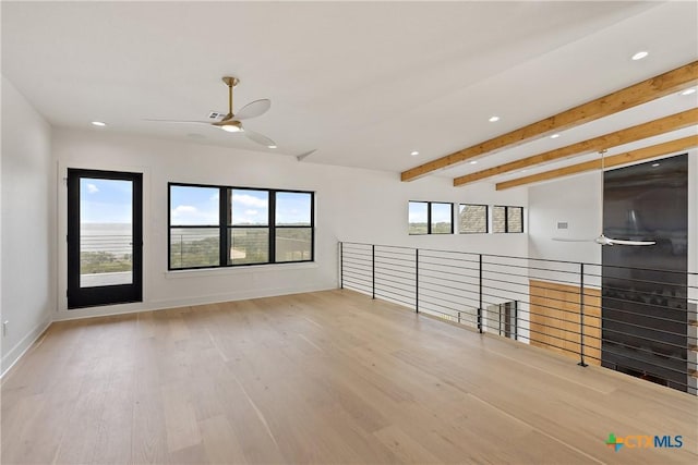 unfurnished room featuring a ceiling fan, wood finished floors, beam ceiling, and recessed lighting