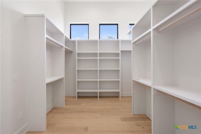 walk in closet with light wood-style floors
