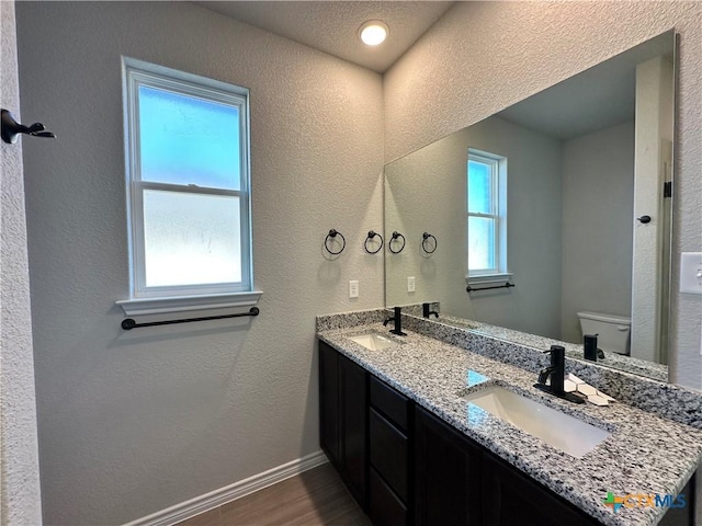 bathroom with vanity, hardwood / wood-style flooring, toilet, and a healthy amount of sunlight