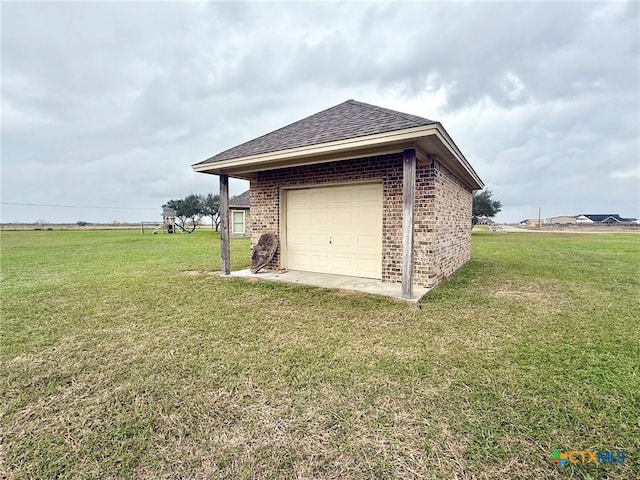 view of property exterior featuring an outbuilding, a garage, and a lawn