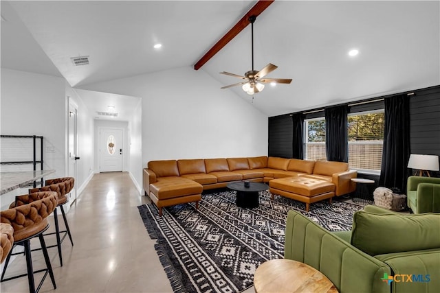 living room featuring ceiling fan and vaulted ceiling with beams