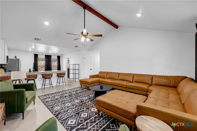 living room featuring lofted ceiling with beams and ceiling fan