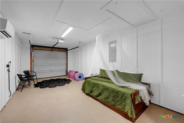 garage featuring a garage door opener and a wall mounted AC