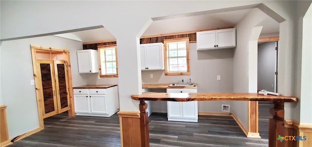 kitchen featuring white cabinets, a wealth of natural light, sink, and dark wood-type flooring