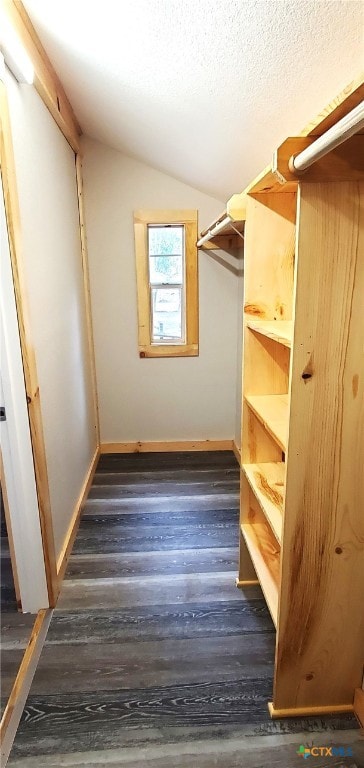 spacious closet featuring lofted ceiling and dark wood-type flooring