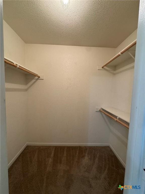 walk in closet featuring dark colored carpet